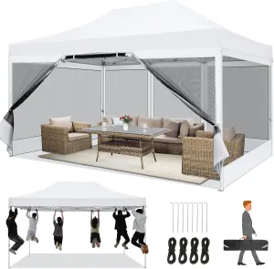 COBIZI 10x15 Heavy Duty Pop Up Canopy with 4 Sidewalls, Commercial Gazebo Party Tent with Mosquito Netting Wall Easy Set Up Outdoor Instant Screen Tent for Backyard, Patio, Garden, White