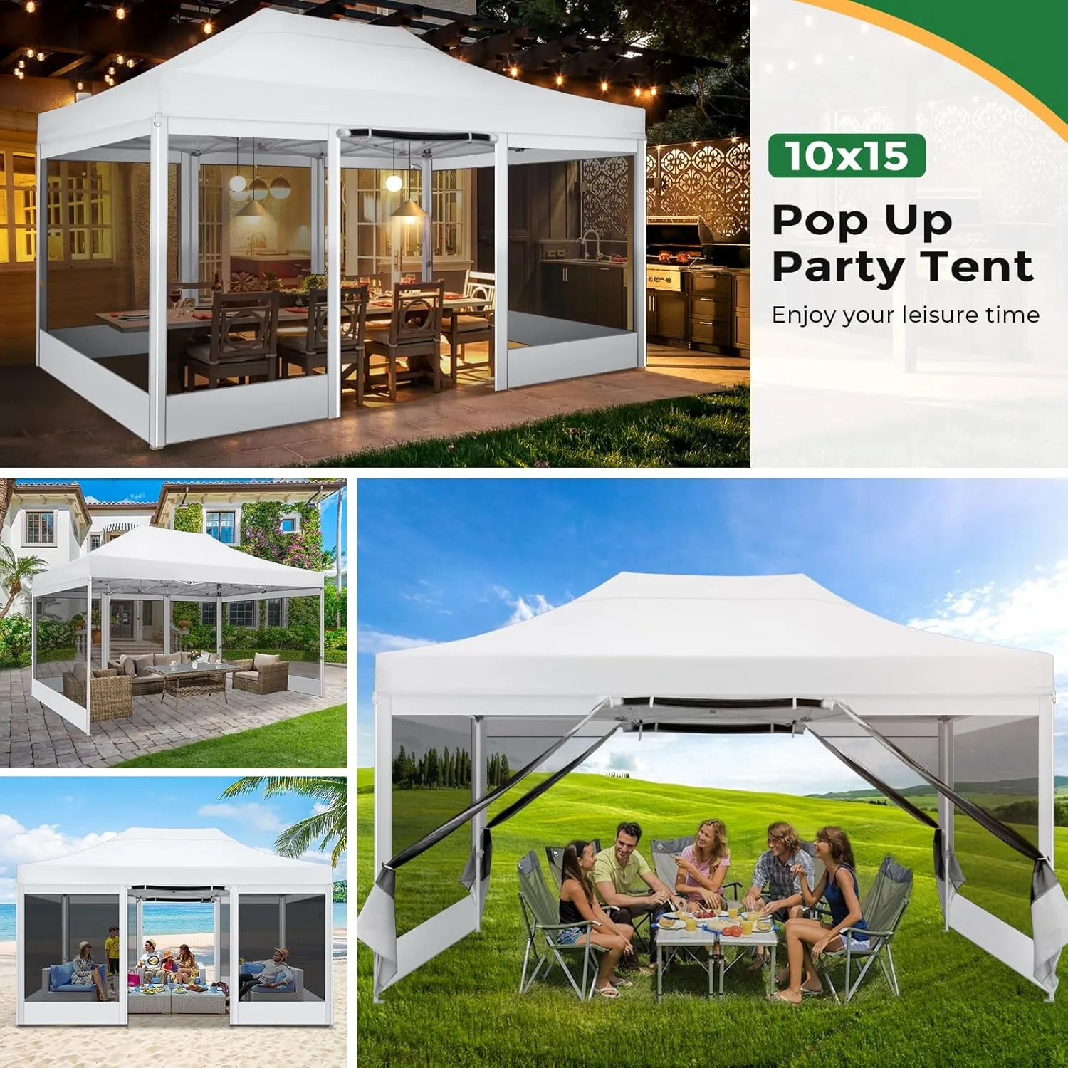 COBIZI 10x15 Heavy Duty Pop Up Canopy with 4 Sidewalls, Commercial Gazebo Party Tent with Mosquito Netting Wall Easy Set Up Outdoor Instant Screen Tent for Backyard, Patio, Garden, White