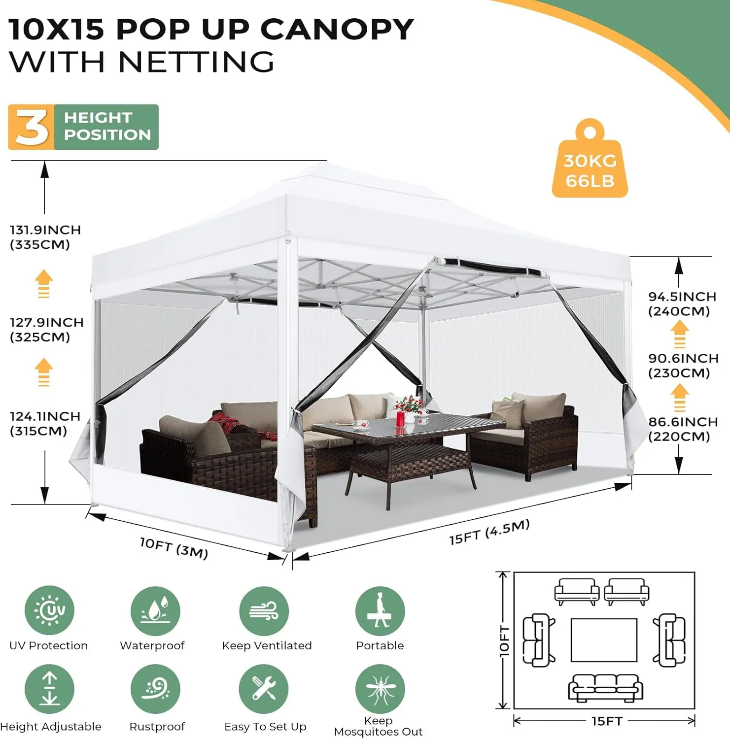 COBIZI 10x15 Heavy Duty Pop Up Canopy with 4 Sidewalls, Commercial Gazebo Party Tent with Mosquito Netting Wall Easy Set Up Outdoor Instant Screen Tent for Backyard, Patio, Garden, White