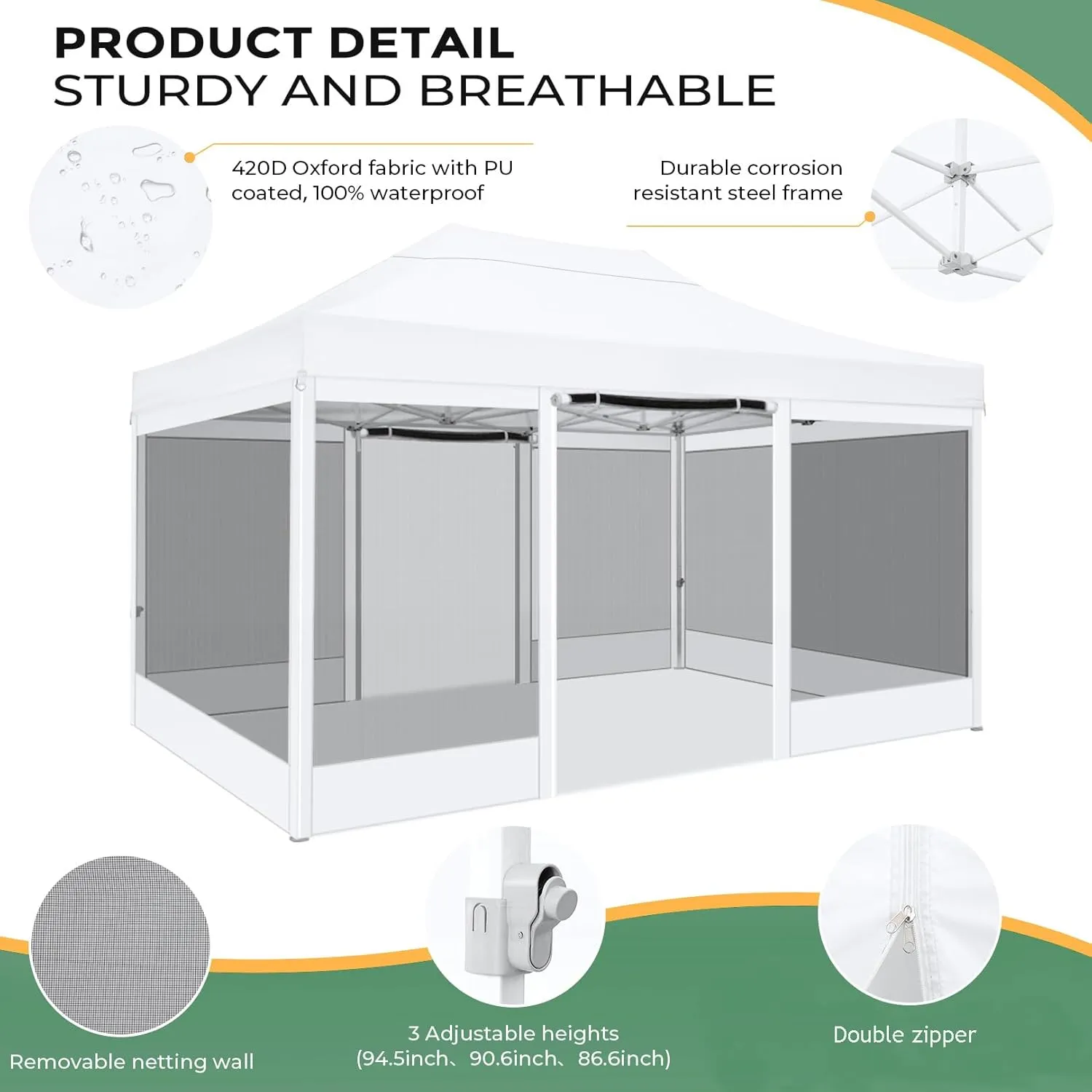 COBIZI 10x15 Heavy Duty Pop Up Canopy with 4 Sidewalls, Commercial Gazebo Party Tent with Mosquito Netting Wall Easy Set Up Outdoor Instant Screen Tent for Backyard, Patio, Garden, White