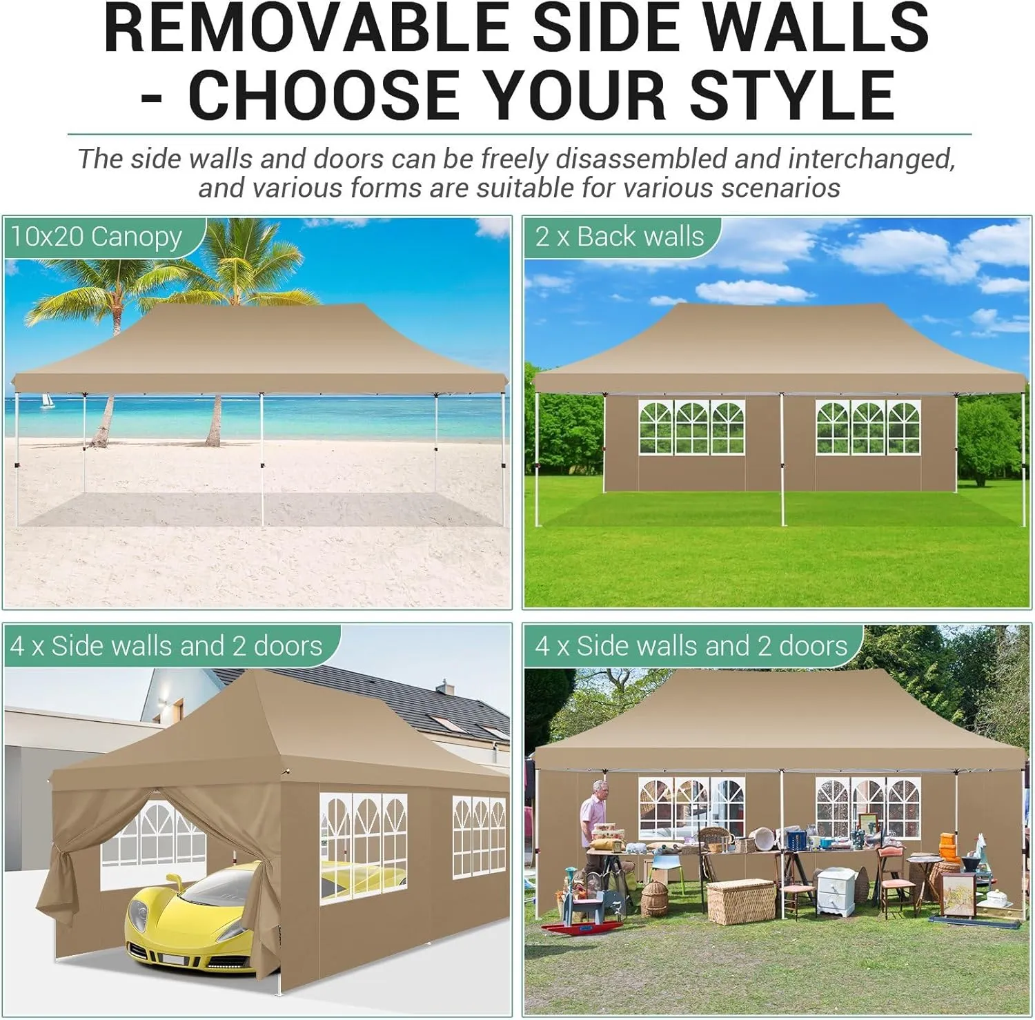 COBIZI 10x20 Pop Up Canopy with 6 Sidewalls,Waterproof Instant Party Tents for Weddings & Parties, Easy Up Commercial Canopy Tent,UPF 50  UV Protection, 3-Height Adjustable Frame & 4 Sandbags (Khaki)