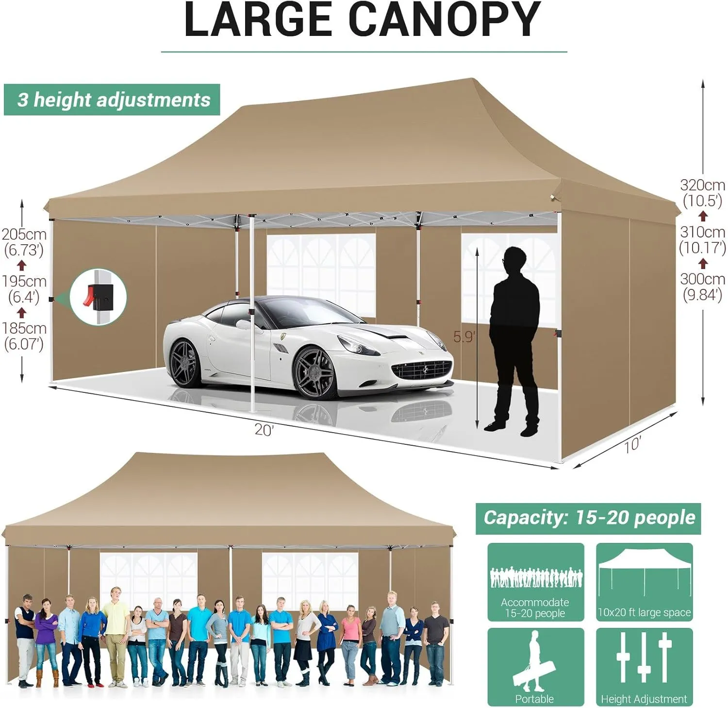 COBIZI 10x20 Pop Up Canopy with 6 Sidewalls,Waterproof Instant Party Tents for Weddings & Parties, Easy Up Commercial Canopy Tent,UPF 50  UV Protection, 3-Height Adjustable Frame & 4 Sandbags (Khaki)