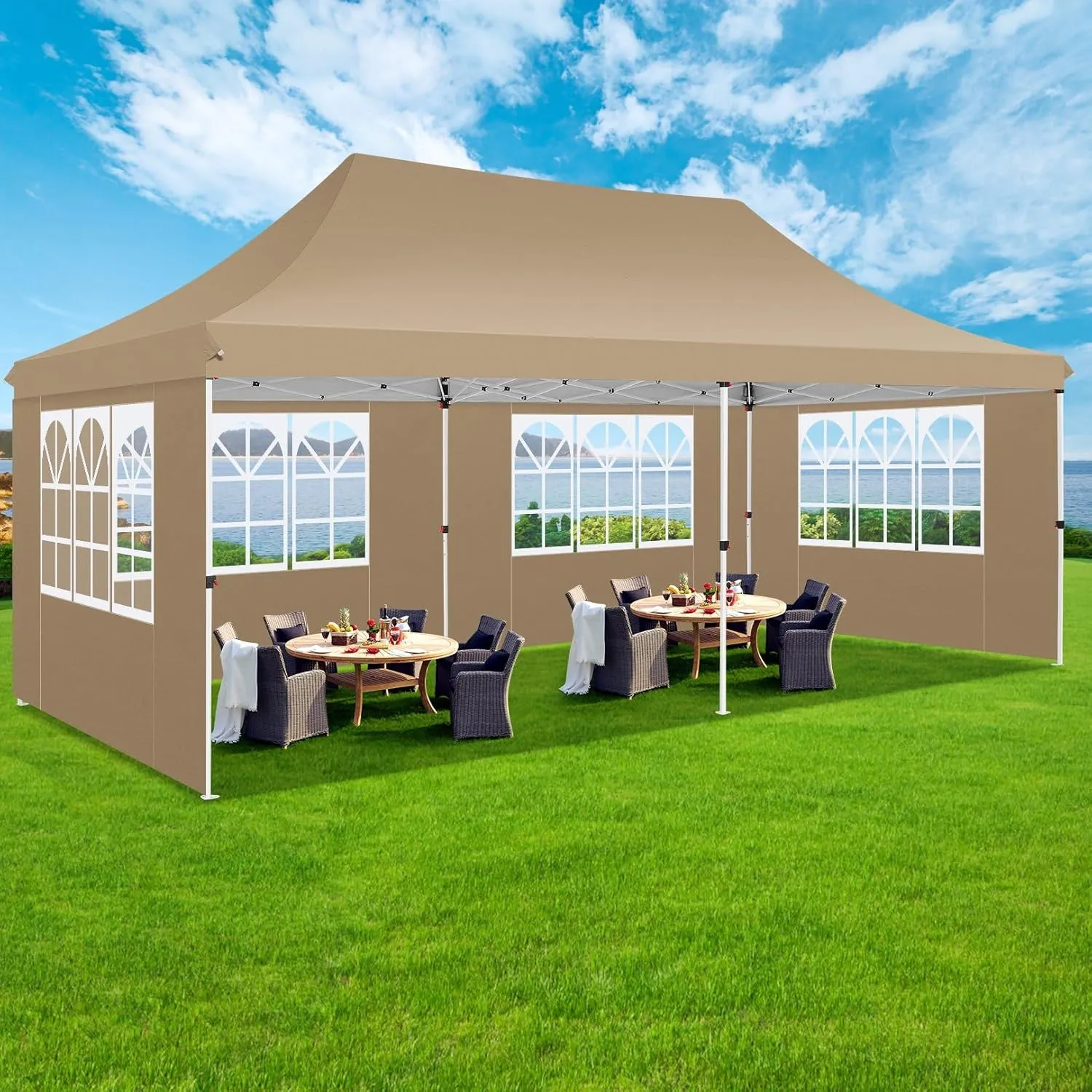 COBIZI 10x20 Pop Up Canopy with 6 Sidewalls,Waterproof Instant Party Tents for Weddings & Parties, Easy Up Commercial Canopy Tent,UPF 50  UV Protection, 3-Height Adjustable Frame & 4 Sandbags (Khaki)