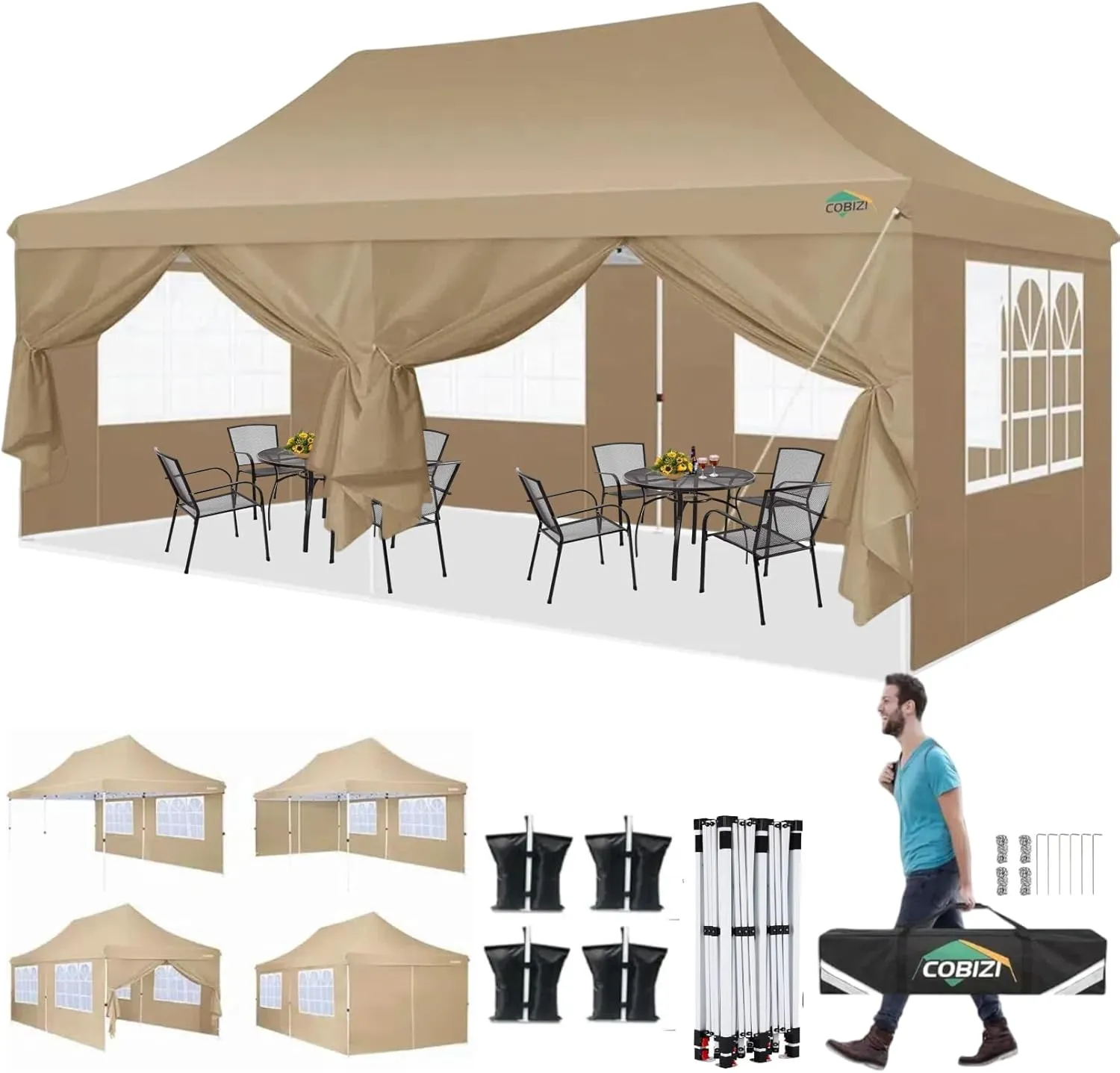 COBIZI 10x20 Pop Up Canopy with 6 Sidewalls,Waterproof Instant Party Tents for Weddings & Parties, Easy Up Commercial Canopy Tent,UPF 50  UV Protection, 3-Height Adjustable Frame & 4 Sandbags (Khaki)