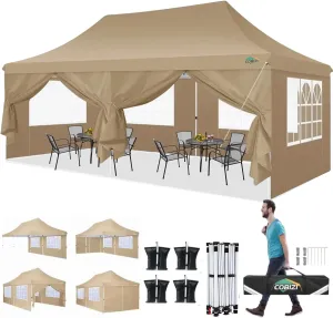 COBIZI 10x20 Pop Up Canopy with 6 Sidewalls,Waterproof Instant Party Tents for Weddings & Parties, Easy Up Commercial Canopy Tent,UPF 50  UV Protection, 3-Height Adjustable Frame & 4 Sandbags (Khaki)