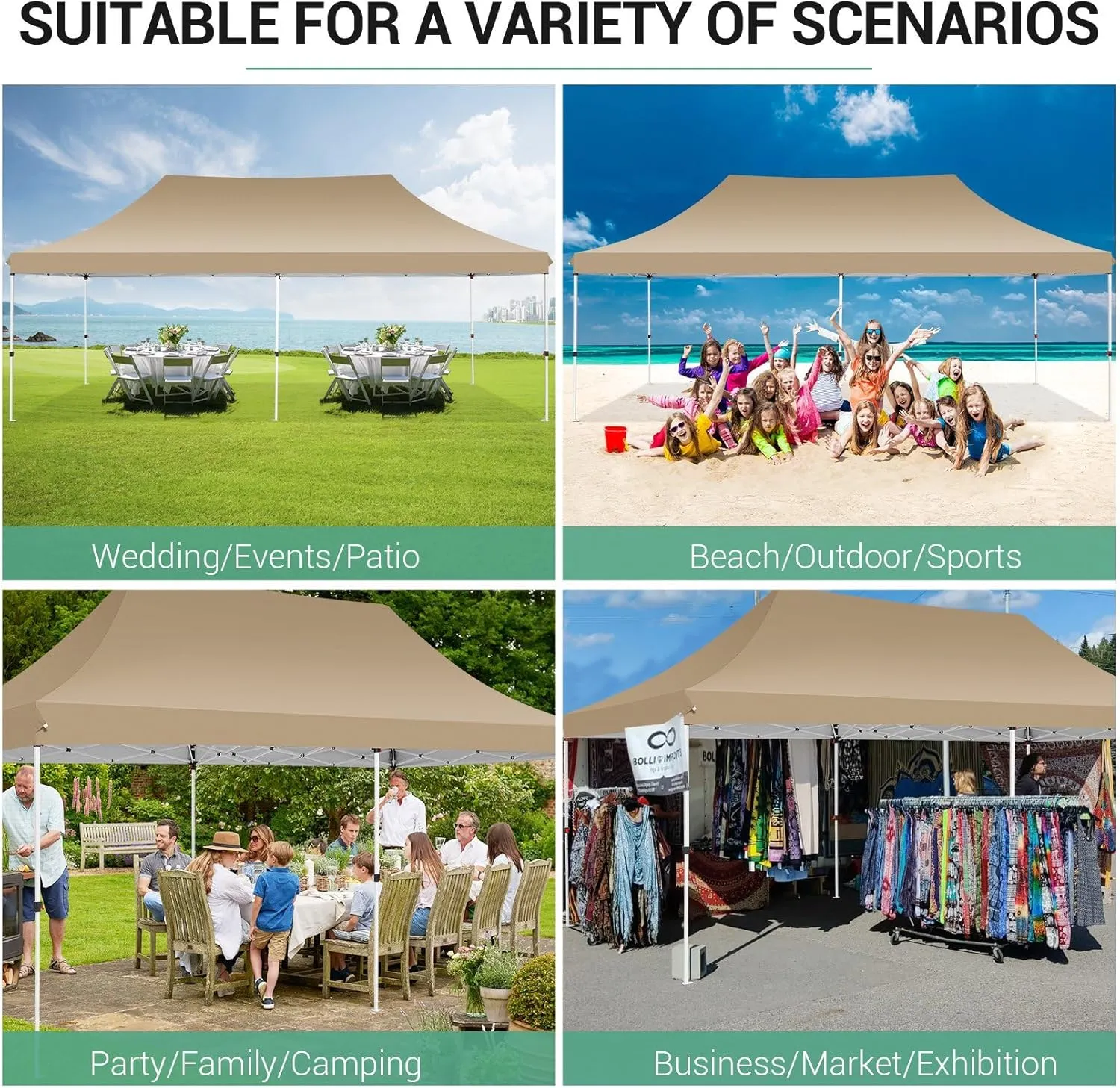 COBIZI 10x20 Pop Up Canopy with 6 Sidewalls,Waterproof Instant Party Tents for Weddings & Parties, Easy Up Commercial Canopy Tent,UPF 50  UV Protection, 3-Height Adjustable Frame & 4 Sandbags (Khaki)