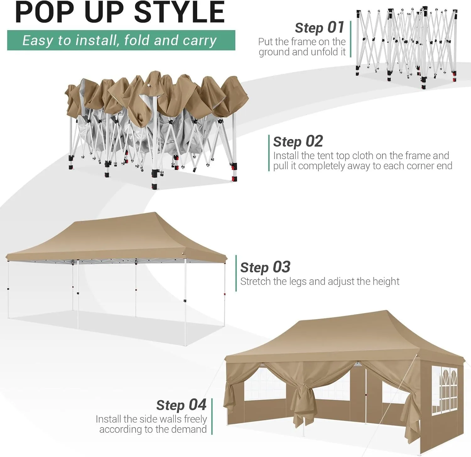 COBIZI 10x20 Pop Up Canopy with 6 Sidewalls,Waterproof Instant Party Tents for Weddings & Parties, Easy Up Commercial Canopy Tent,UPF 50  UV Protection, 3-Height Adjustable Frame & 4 Sandbags (Khaki)
