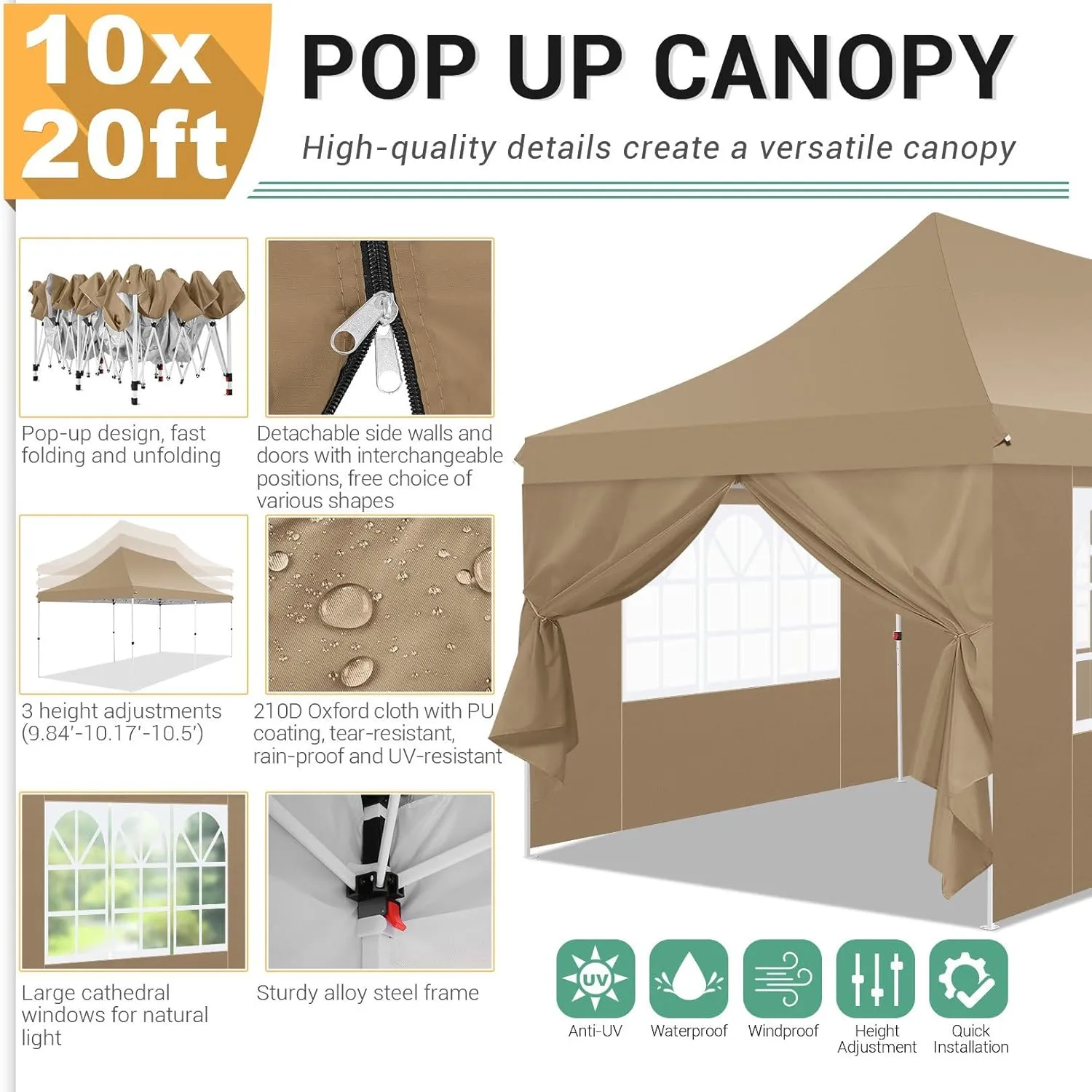 COBIZI 10x20 Pop Up Canopy with 6 Sidewalls,Waterproof Instant Party Tents for Weddings & Parties, Easy Up Commercial Canopy Tent,UPF 50  UV Protection, 3-Height Adjustable Frame & 4 Sandbags (Khaki)