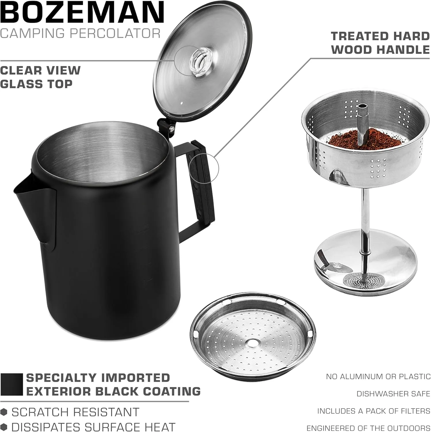 COLETTI Black Bozeman Percolator Coffee Pot — Camping Coffee Pot, Coffee Percolator – America’s Sleekest Percolator – Pure Stainless Steel, NO Aluminum or Plastic (12 Cup)