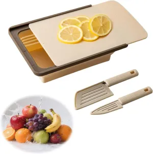 Collapsible Drainer Basket , with Colander, Cutting Board and Knives, Multifunctional Kitchen Vegetable Washing Basket, Camping sink, Gifts for Camper Kitchen Organization, Picnic Essentials(Khaki)