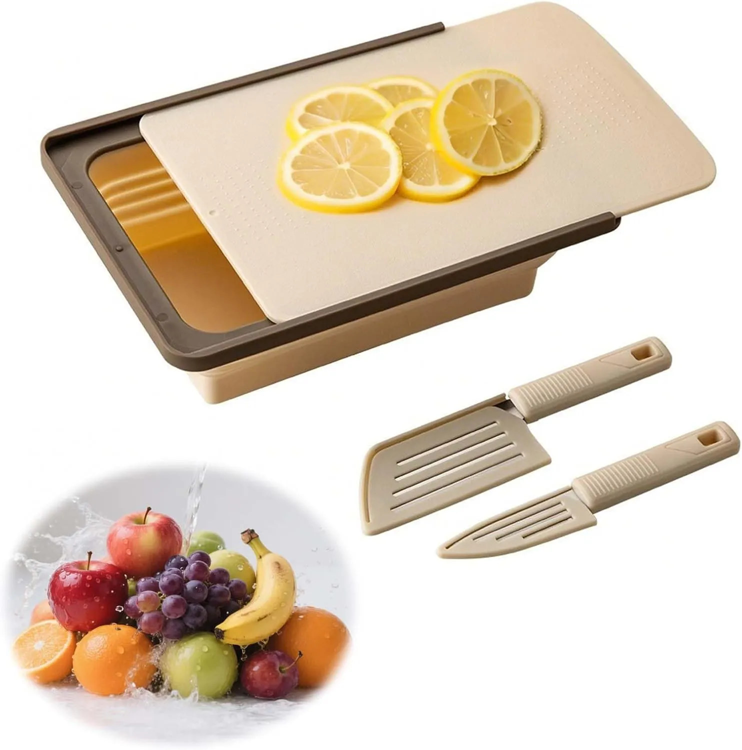Collapsible Drainer Basket , with Colander, Cutting Board and Knives, Multifunctional Kitchen Vegetable Washing Basket, Camping sink, Gifts for Camper Kitchen Organization, Picnic Essentials(Khaki)