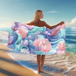 Colorful Coral Waves Microfiber Beach Towel Vibrant Ocean Prints Quick Dry Lightweight Sand Free Bath Blanket, Pool Picnic Essentials Travel Camping 62x31 Inch