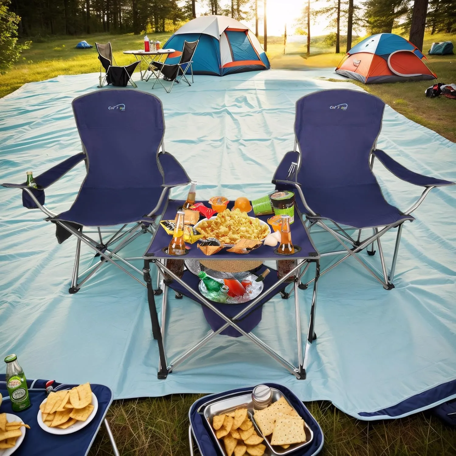 Colorsoul Folding Camping Chairs 2 Pack for Adults,Large Folding Lawn Chairs Set of 2 with Table,Outdoor Camping Chairs Set for Lawn,Picnic