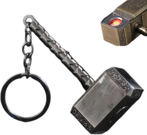 Cool Metal Hammer Lighter,Keychain Mini Vintage Texture Rechargeable USB Electronic Lighter,Windproof Touch Double-Sided Ignition,Suitable for Man (Bright Color)