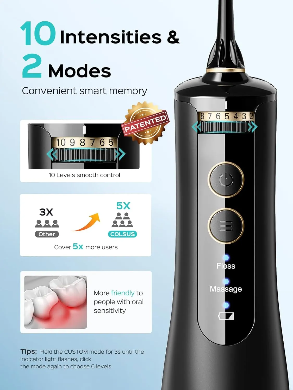 COSLUS Cordless Water Flosser & Dental Pick for Teeth, Braces, Gums Care - Advanced 10 Pressure Settings for Multiple Users, Rechargeable, Portable for Travel, BPA-Free, Black, E40(WFP14)