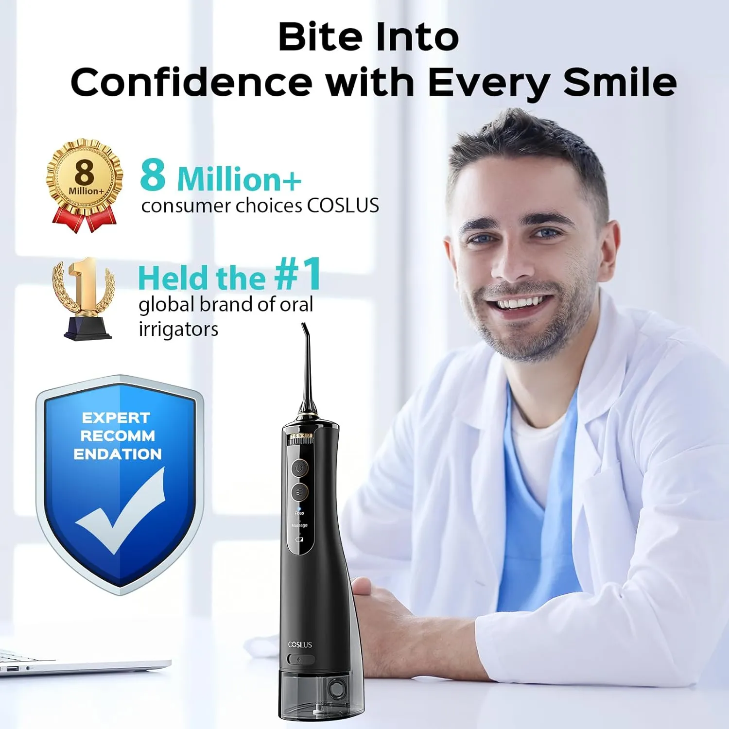 COSLUS Cordless Water Flosser & Dental Pick for Teeth, Braces, Gums Care - Advanced 10 Pressure Settings for Multiple Users, Rechargeable, Portable for Travel, BPA-Free, Black, E40(WFP14)