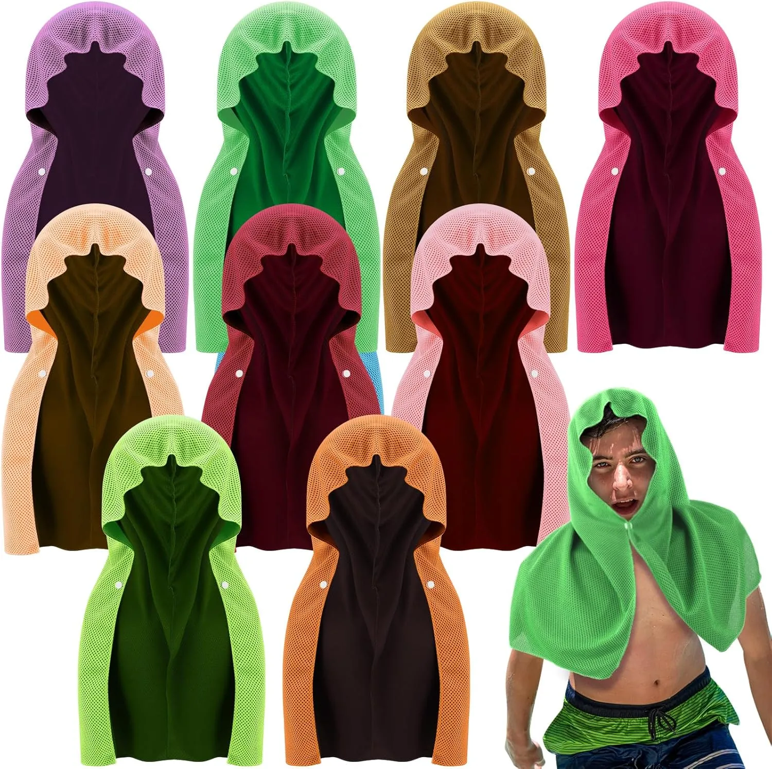 Coume 9 Pack Cooling Hoodie Towels for Neck and Face Absorbent Quick-Drying Instant Cooling Towels UV Protection Neck Wraps Soft Breathable Towel for Sport Workout Gym