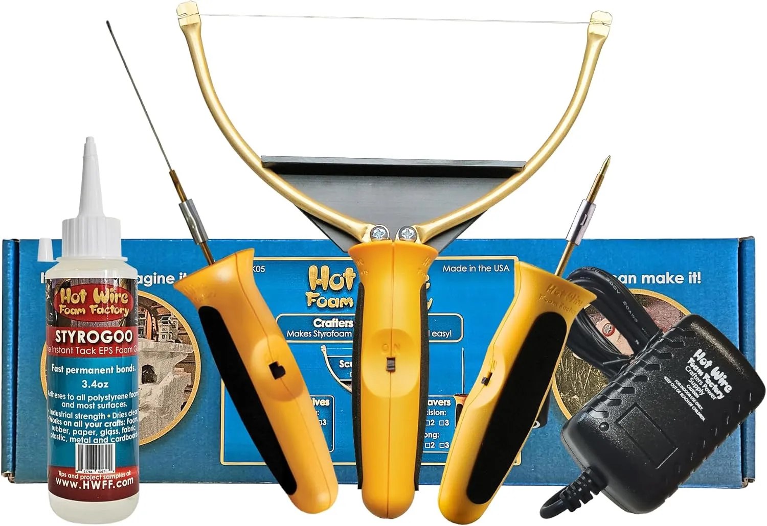 Crafters Deluxe 3-in-1 Foam Cutting Tool Kit | Sculpting Tool, Hot Knife, Engraver, Power Supply, & StyroGoo Foam Glue | For EPS, XPS & Styrofoam | USA Made