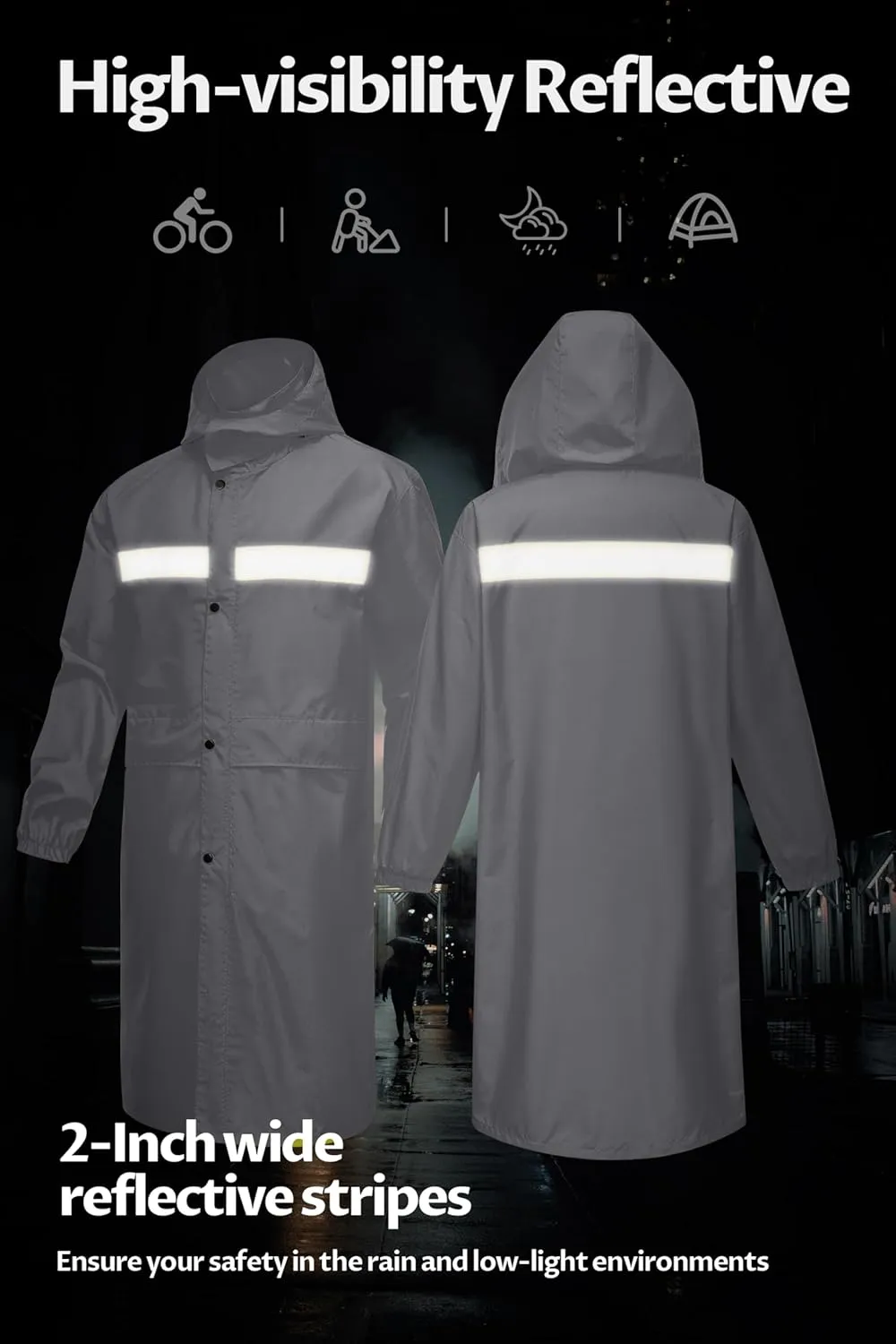 CREATMO US Men's Long Rain Coat Waterproof Packable Rain Jacket Outdoor Lightweight Windbreaker with Hood