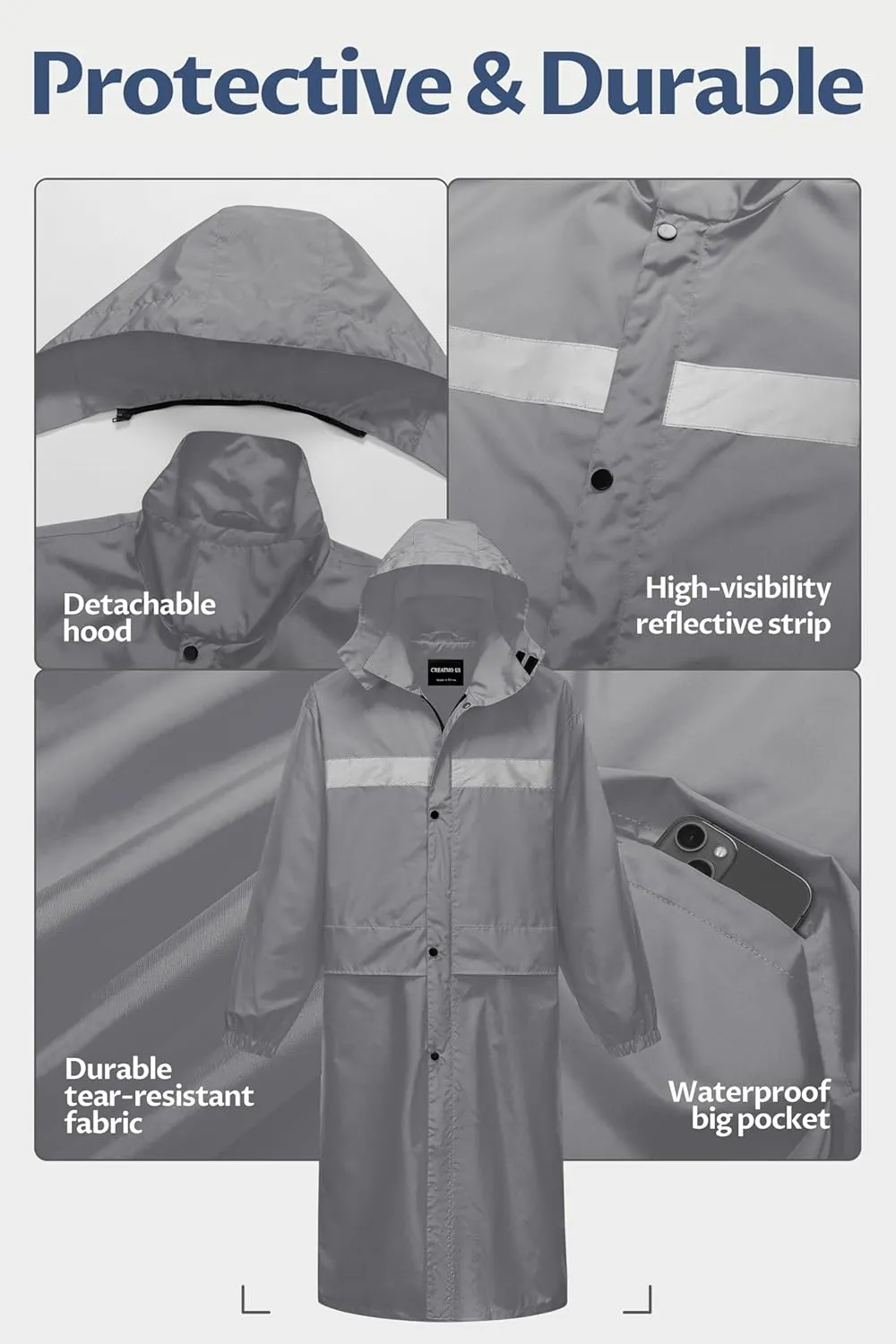 CREATMO US Men's Long Rain Coat Waterproof Packable Rain Jacket Outdoor Lightweight Windbreaker with Hood