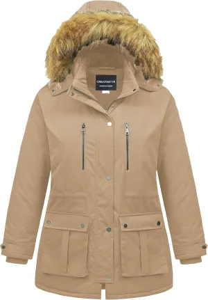 CREATMO US Women's Plus Size Winter Coat Waterproof Long Puffer Jacket Warm Military Thicken Parka with Fur Hood