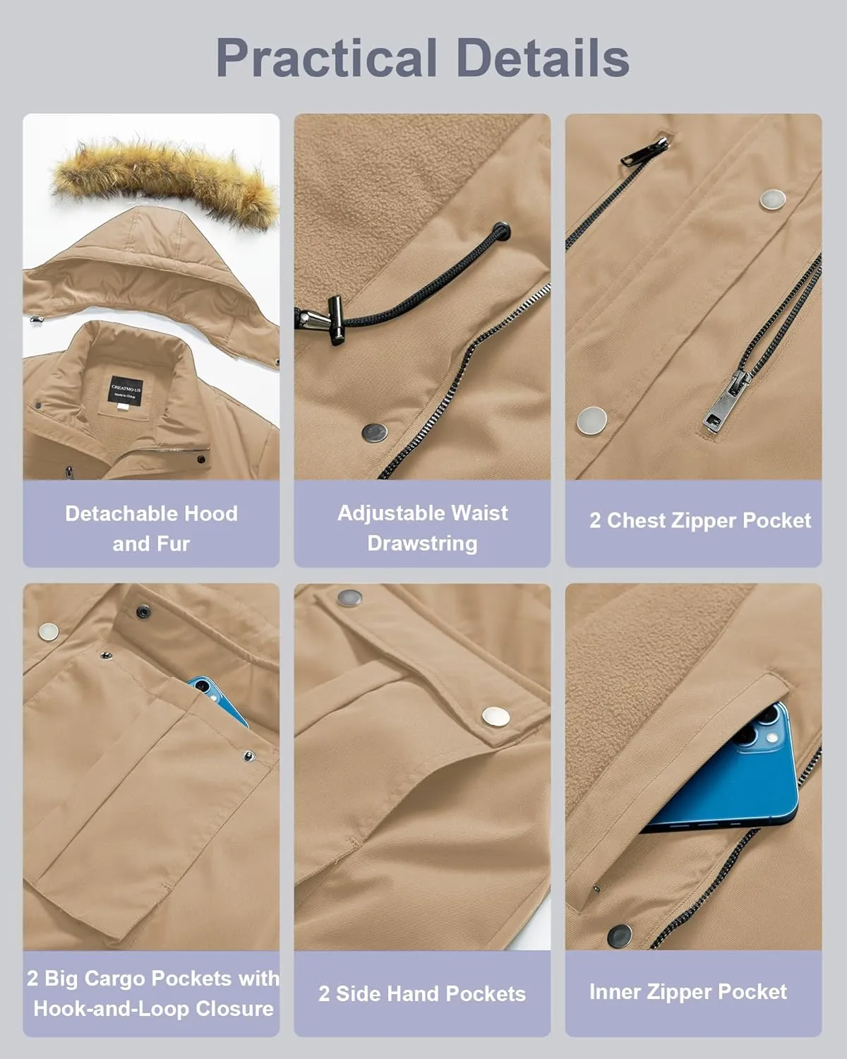 CREATMO US Women's Plus Size Winter Coat Waterproof Long Puffer Jacket Warm Military Thicken Parka with Fur Hood