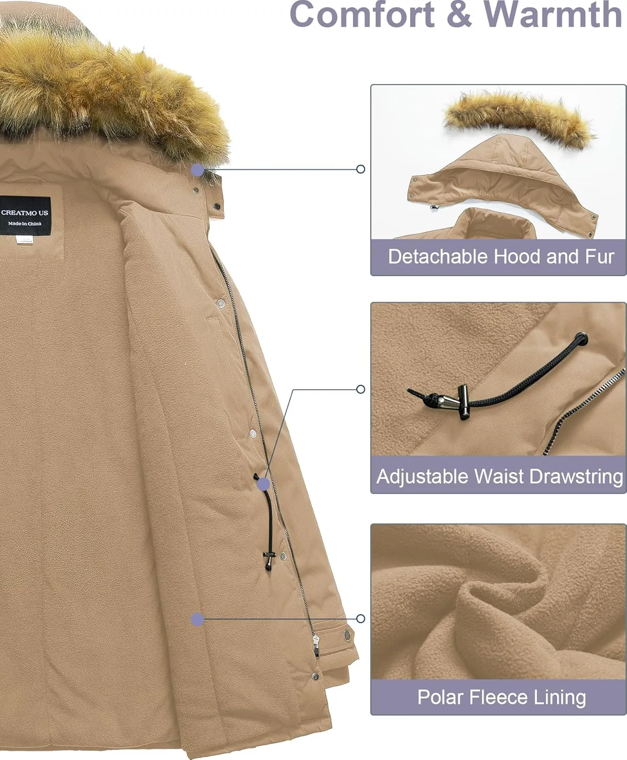 CREATMO US Women's Plus Size Winter Coat Waterproof Long Puffer Jacket Warm Military Thicken Parka with Fur Hood