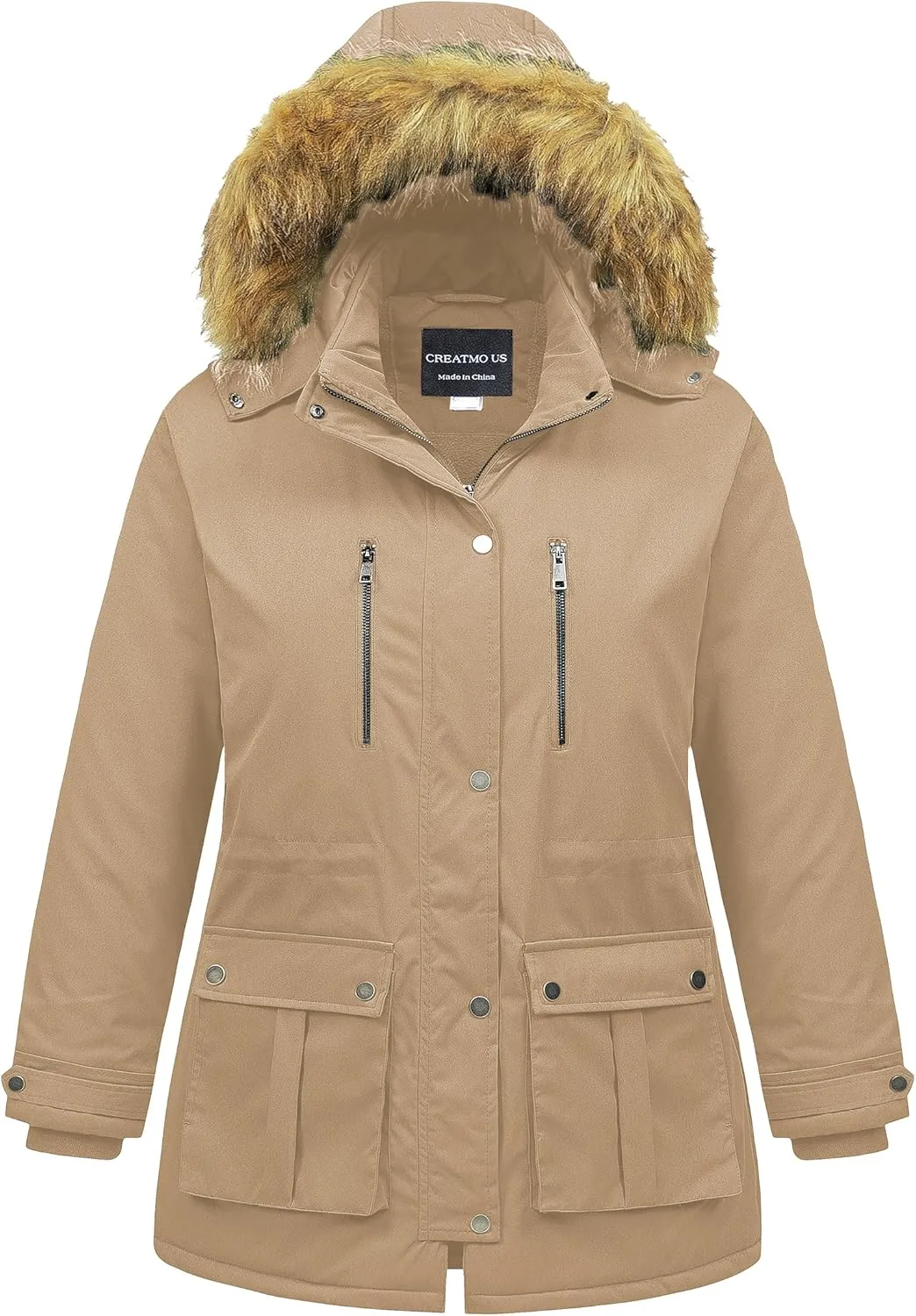 CREATMO US Women's Plus Size Winter Coat Waterproof Long Puffer Jacket Warm Military Thicken Parka with Fur Hood