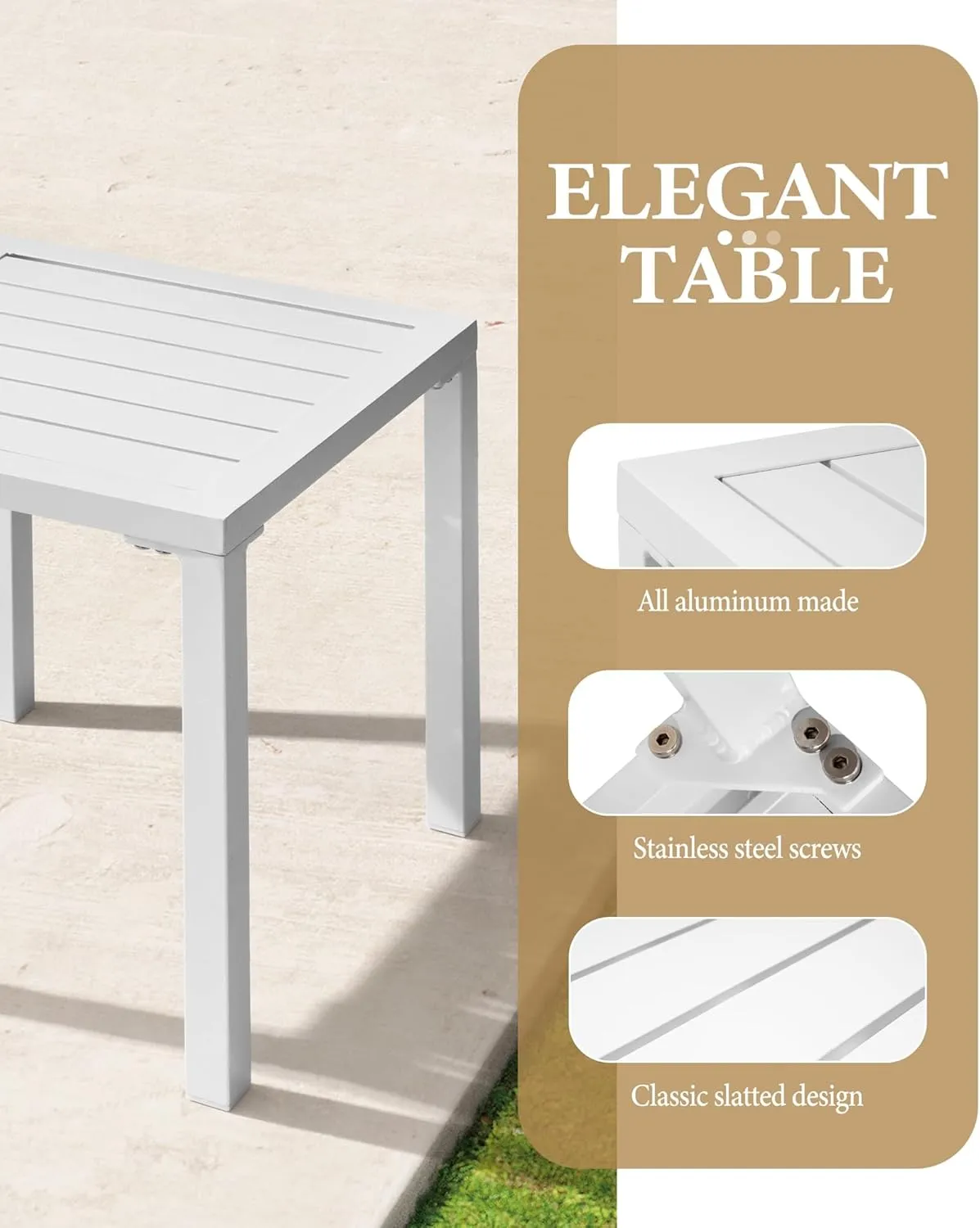 Crestlive Products Aluminum Outdoor Side Table, Pool Lounge Chair Side Table, Weather Resistant Small Square Coffee End Table for Patio, Yard, Garden, Porch, Deck, Indoor, Outdoor (White)
