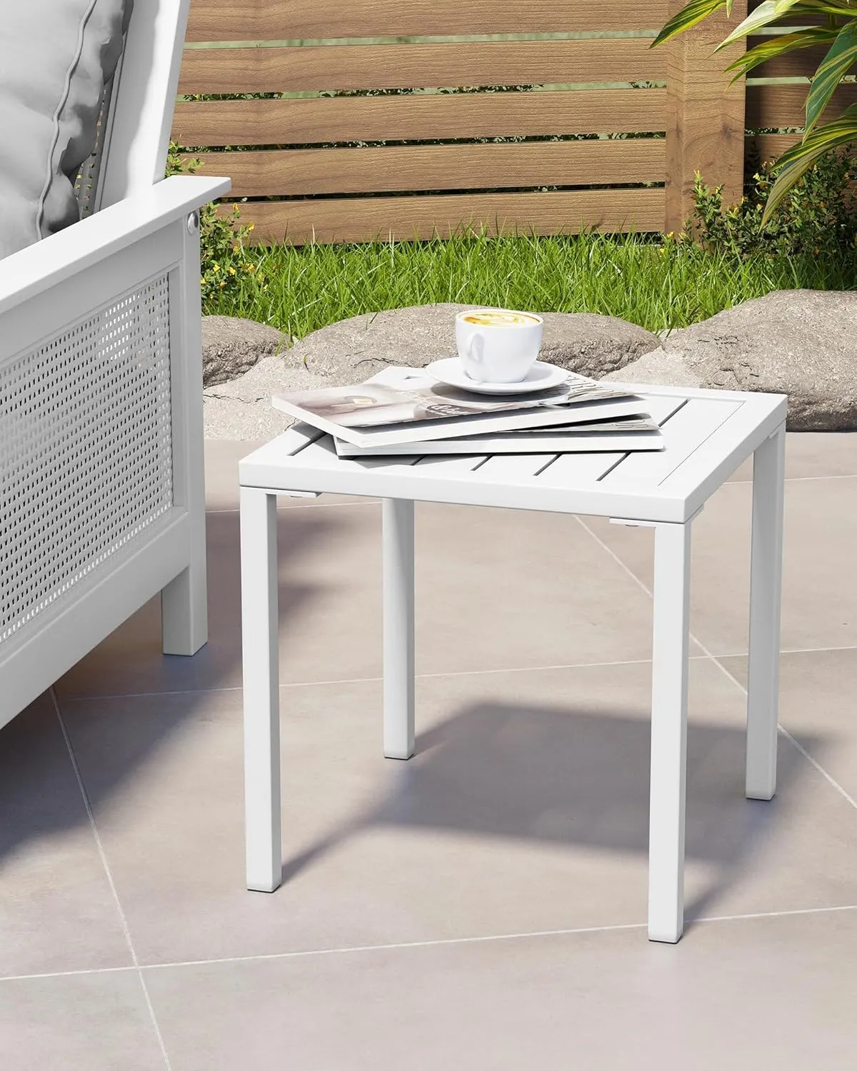 Crestlive Products Aluminum Outdoor Side Table, Pool Lounge Chair Side Table, Weather Resistant Small Square Coffee End Table for Patio, Yard, Garden, Porch, Deck, Indoor, Outdoor (White)