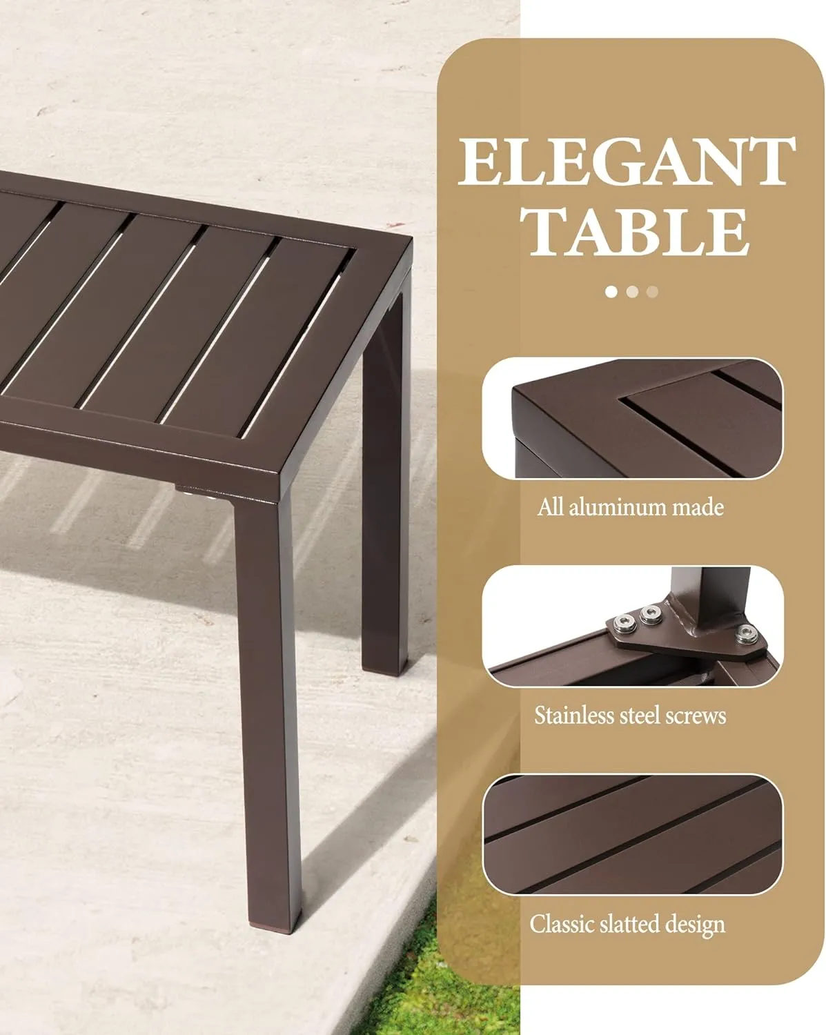 Crestlive Products Outdoor Side Table,Aluminum Rectangular Side/End Table, Small Patio Coffee Bistro Table for Outdoor Indoor (Brown)