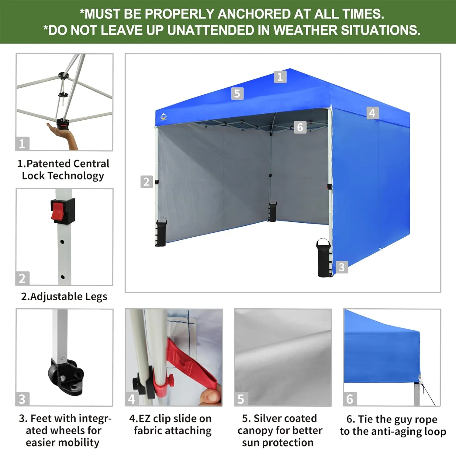 CROWN SHADES 10X10 Comercial Instant Canopy Pop Up Tent with Center Lock (10x10 with 4 Sidewalls, Blue)