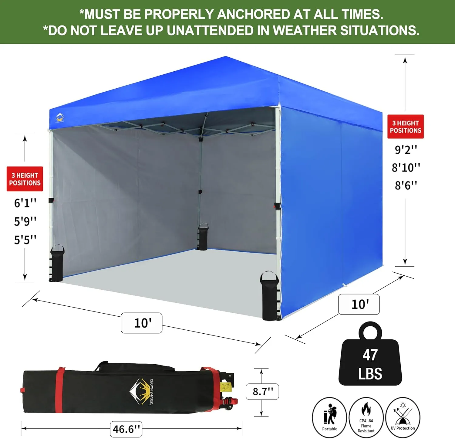 CROWN SHADES 10X10 Comercial Instant Canopy Pop Up Tent with Center Lock (10x10 with 4 Sidewalls, Blue)