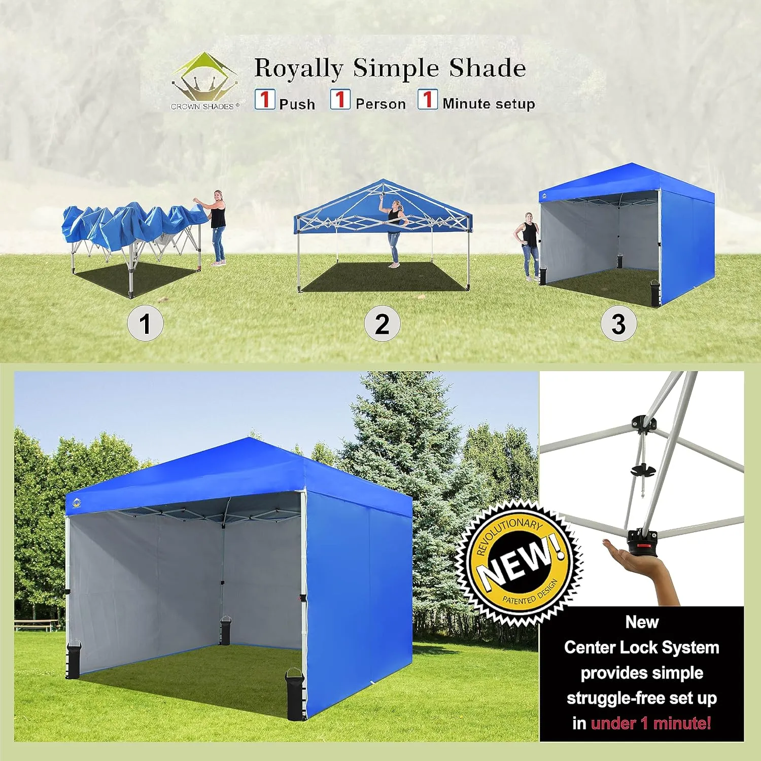 CROWN SHADES 10X10 Comercial Instant Canopy Pop Up Tent with Center Lock (10x10 with 4 Sidewalls, Blue)