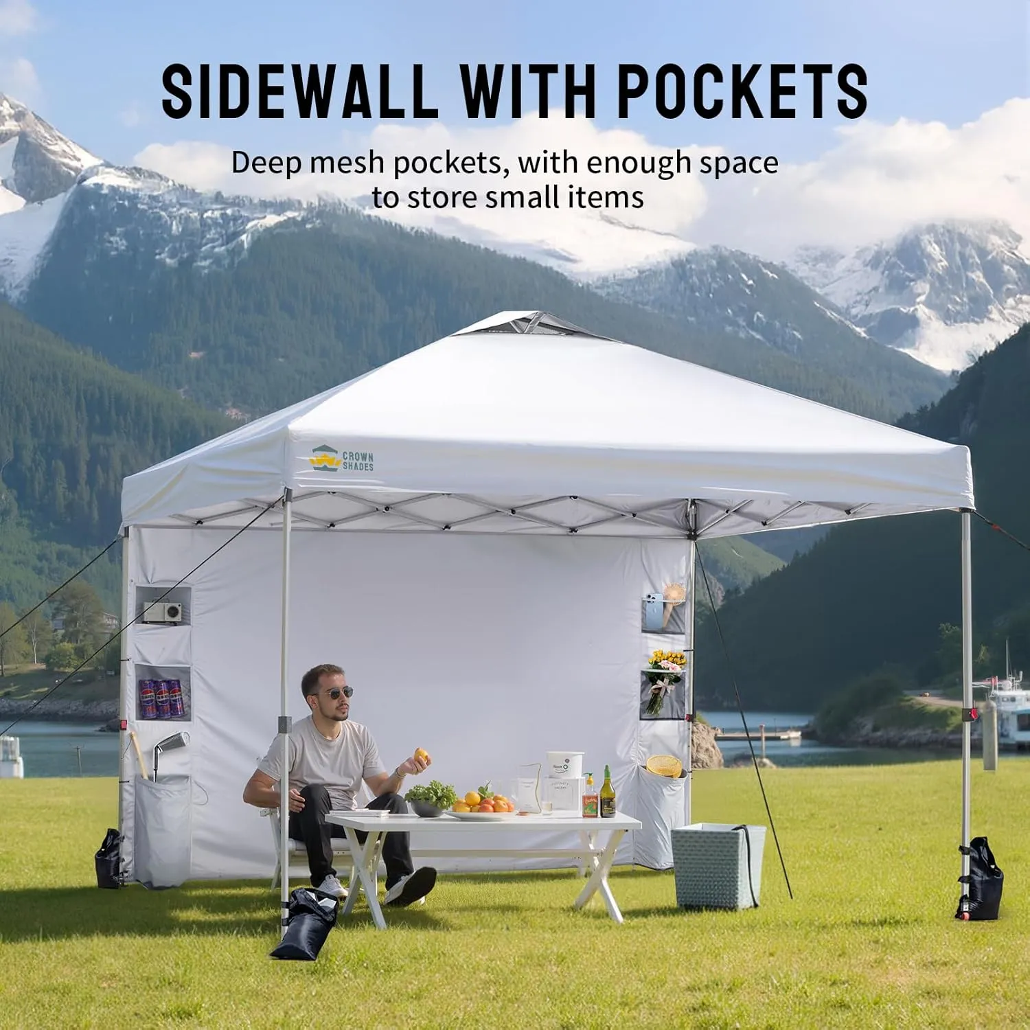 CROWN SHADES Canopy Tent 10x10 Pop Up Canopy Outdoor Shade with Pockets Sidewall, Easy Up Sun Shelter with One Person Set Up Center Lock, Portable Instant Camping Beach Canopy Tents, White