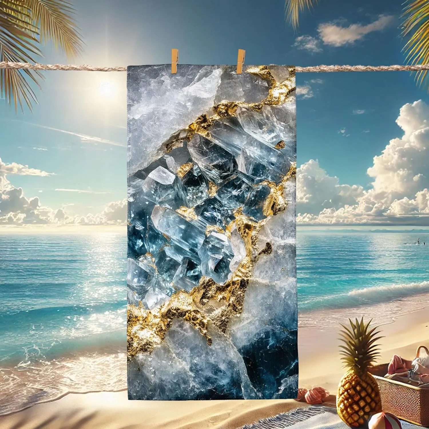 Crystal Quartz Gold Marble Beach Towel Blue Geode Style Soft Quick Dry Sand Free Lightweight Bath Blanket, Poolside Picnic Essentials 62x31 Inch