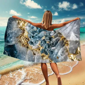 Crystal Quartz Gold Marble Beach Towel Blue Geode Style Soft Quick Dry Sand Free Lightweight Bath Blanket, Poolside Picnic Essentials 62x31 Inch