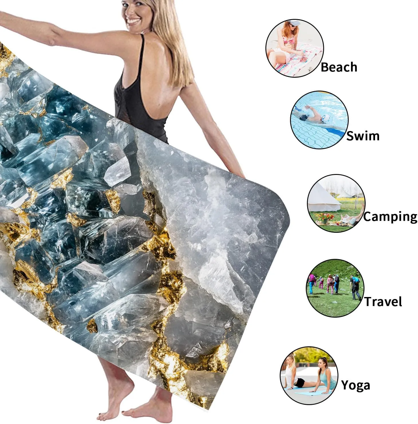Crystal Quartz Gold Marble Beach Towel Blue Geode Style Soft Quick Dry Sand Free Lightweight Bath Blanket, Poolside Picnic Essentials 62x31 Inch