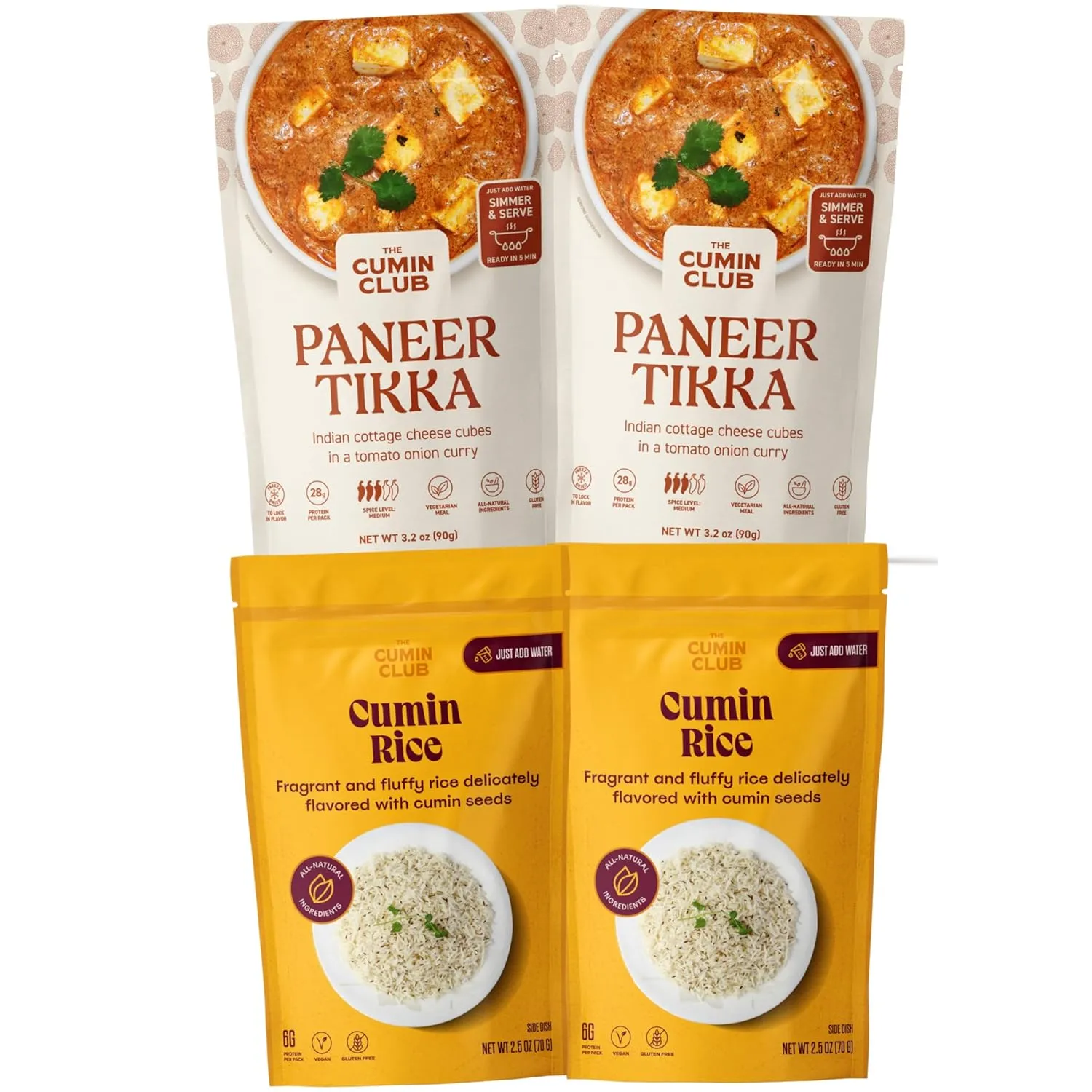 Cumin Club Camping Indian Meals Kit - Cumin Rice -2 pkts & Paneer Butter Masala - 2pkts -Authentic Flavors for Outdoor Adventures - Effortless Cooking with Natural Ingredients -Ready to Eat & Easy Prep (Pack of 4)