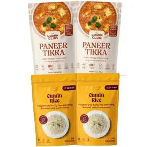 Cumin Club Camping Indian Meals Kit - Cumin Rice -2 pkts & Paneer Butter Masala - 2pkts -Authentic Flavors for Outdoor Adventures - Effortless Cooking with Natural Ingredients -Ready to Eat & Easy Prep (Pack of 4)