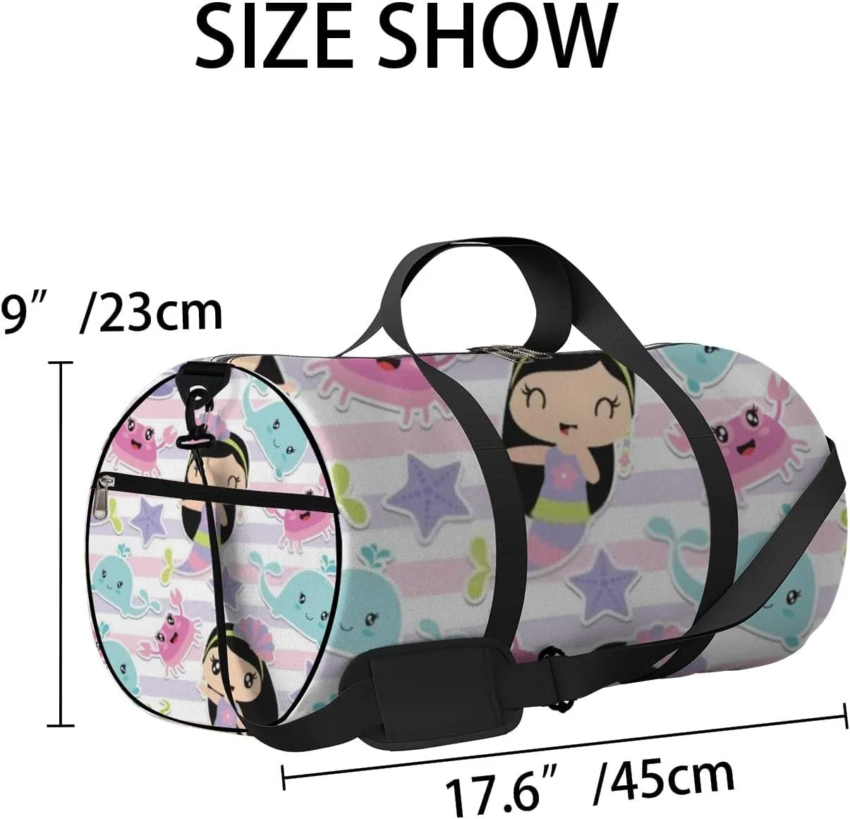 Cute Rainbow Mermaid Girl Shark Sports Bag Tote Bag Waterproof Gym Bag with Shoulder Strap Zipper 2 Side Pockets for Men and Women, Travel and Storage Shoulder Bag.