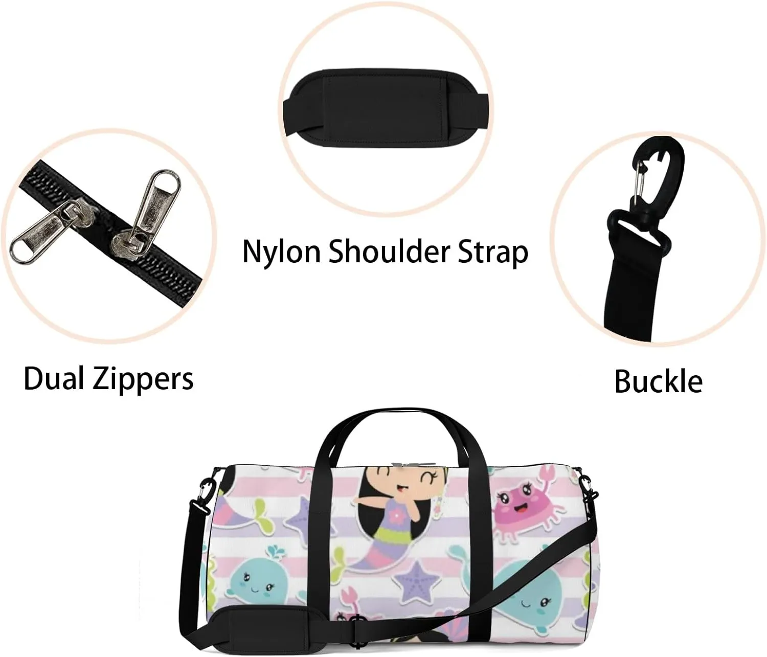 Cute Rainbow Mermaid Girl Shark Sports Bag Tote Bag Waterproof Gym Bag with Shoulder Strap Zipper 2 Side Pockets for Men and Women, Travel and Storage Shoulder Bag.