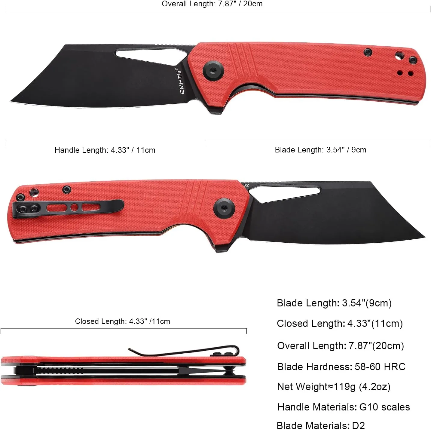 D2 Steel Pocket Folding Knife Cleaver - 3.54" Black Blade G10 Handle with Reversible Clip, Liner Lock, Camping EDC Flipper Knives for Men & Women, Red