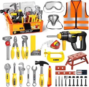 Deejoy Tool Set with Tool Box & Electronic Toy Drill, Pretend Play Kids Construction Kits for Kids Ages 3-5 Years Old, Toddler Boy Toys(Orange)