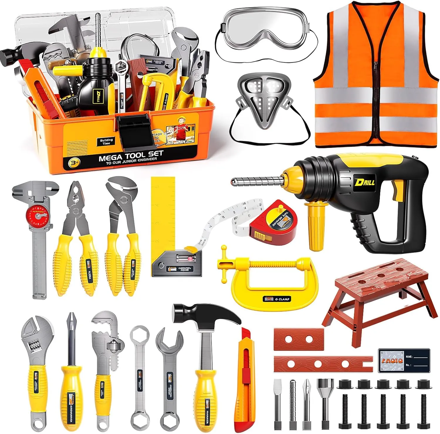 Deejoy Tool Set with Tool Box & Electronic Toy Drill, Pretend Play Kids Construction Kits for Kids Ages 3-5 Years Old, Toddler Boy Toys(Orange)