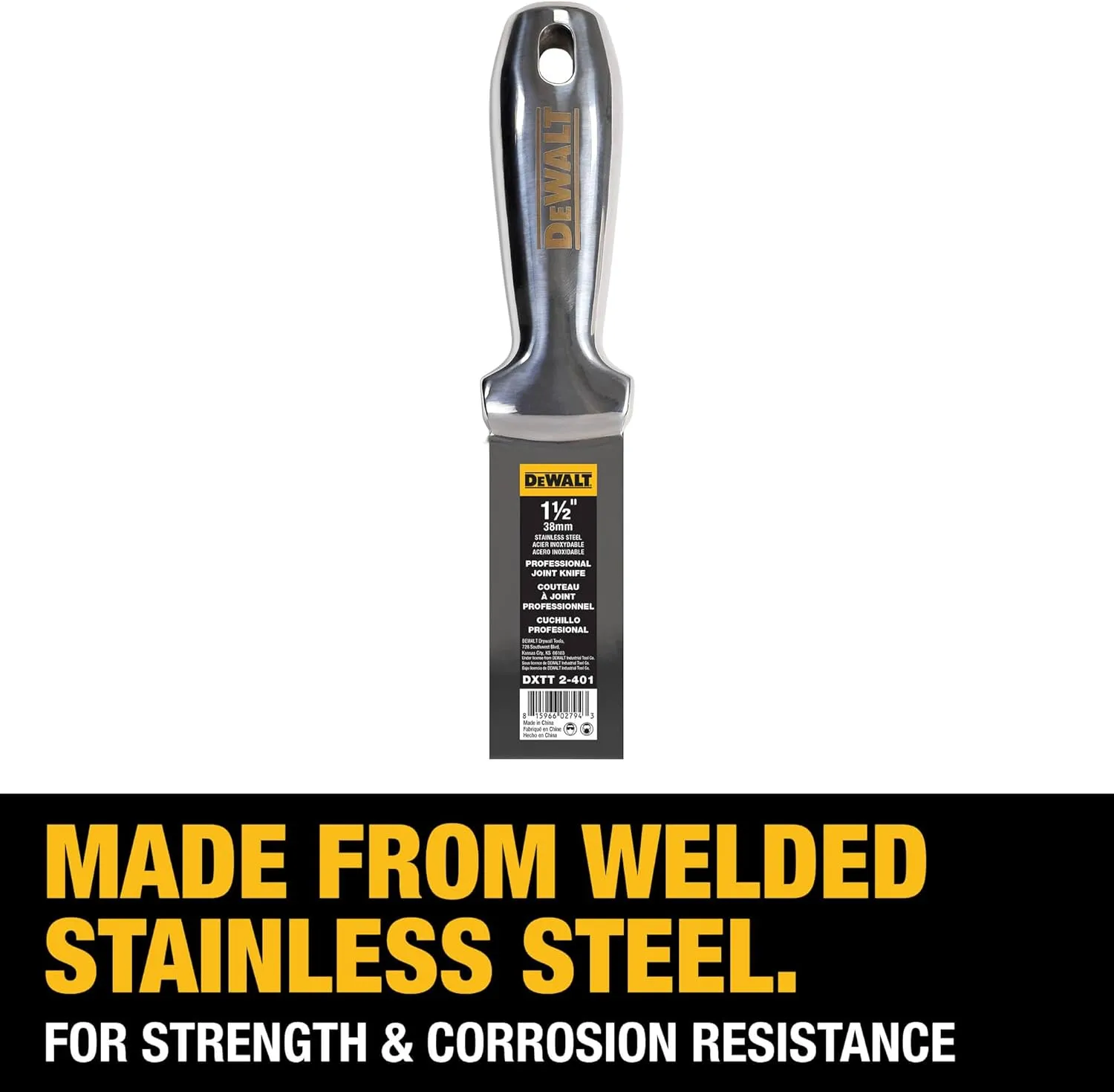 DEWALT 1.5" All Stainless Steel Joint Knife | One-Piece Premium Polished Metal Putty Blade | 2-401