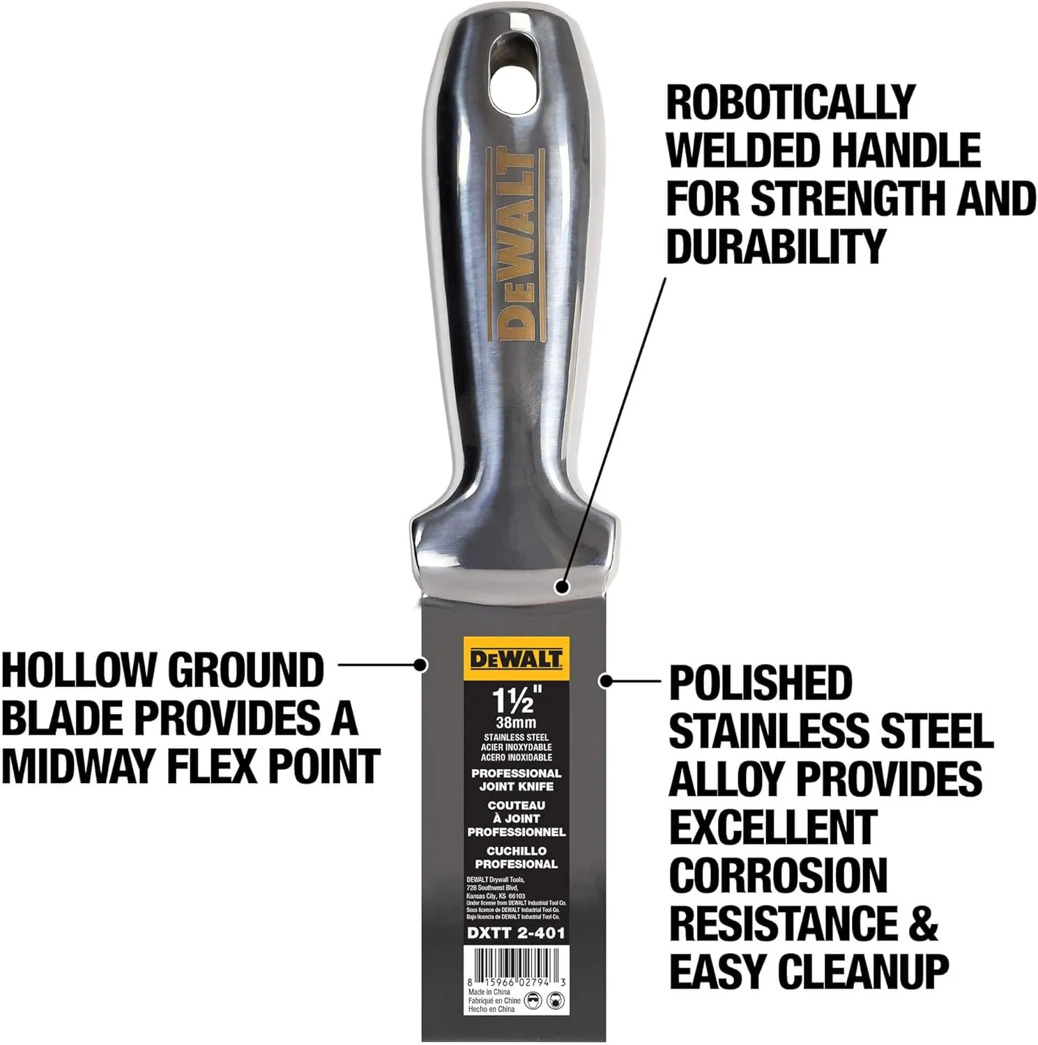 DEWALT 1.5" All Stainless Steel Joint Knife | One-Piece Premium Polished Metal Putty Blade | 2-401