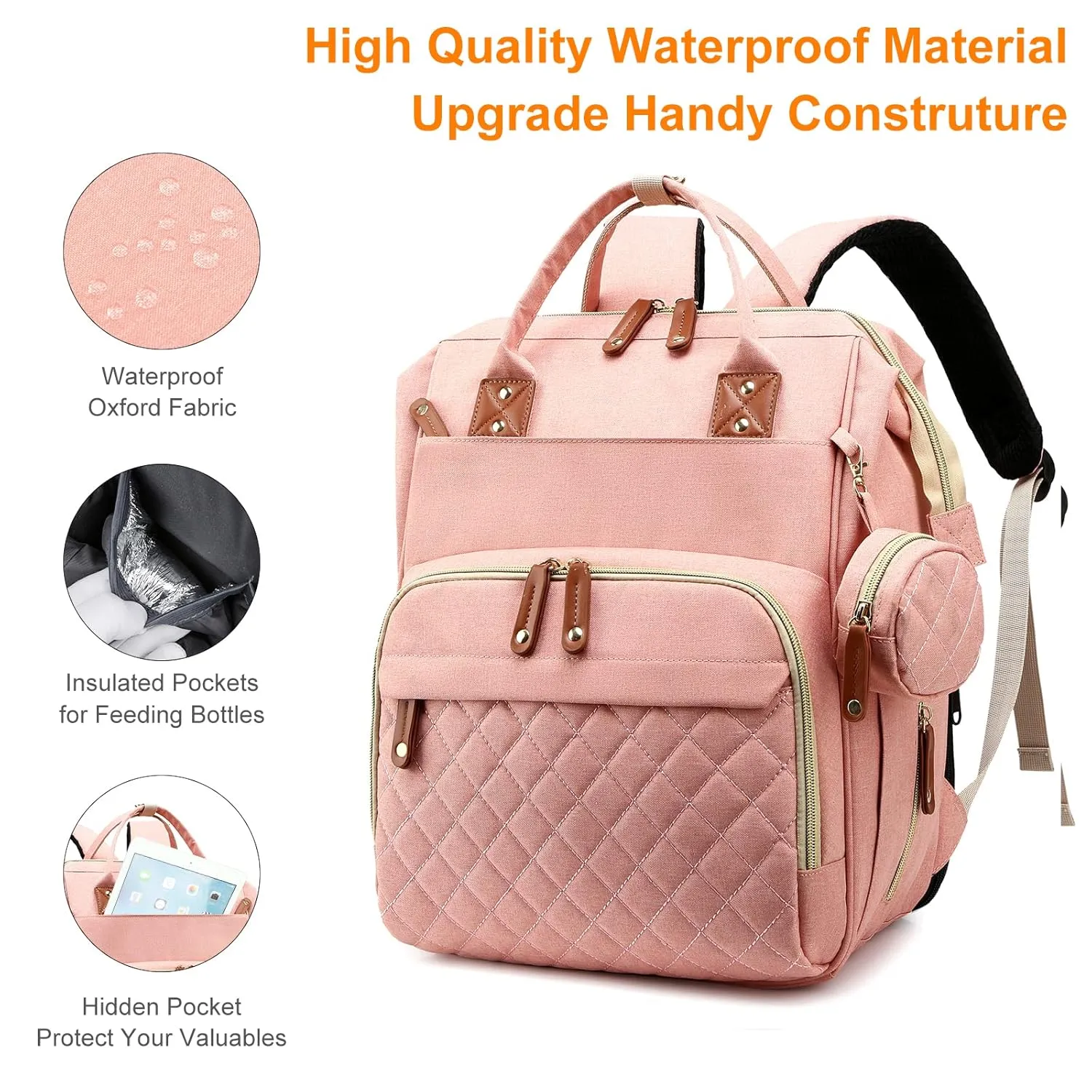 Diaper Bag Backpack -Travel EssentialsBaby Bag with Changing Pad, Waterproof Baby Bags for Boys Girls, USB Charging Port, Baby Shower Gifts, Pink
