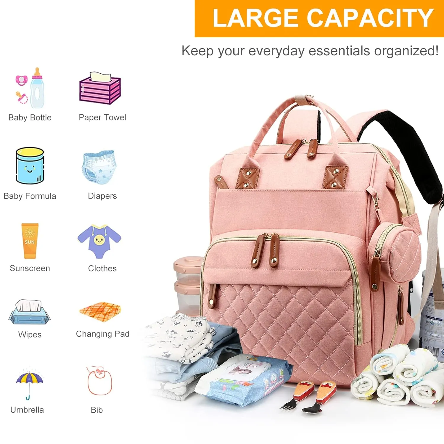 Diaper Bag Backpack -Travel EssentialsBaby Bag with Changing Pad, Waterproof Baby Bags for Boys Girls, USB Charging Port, Baby Shower Gifts, Pink