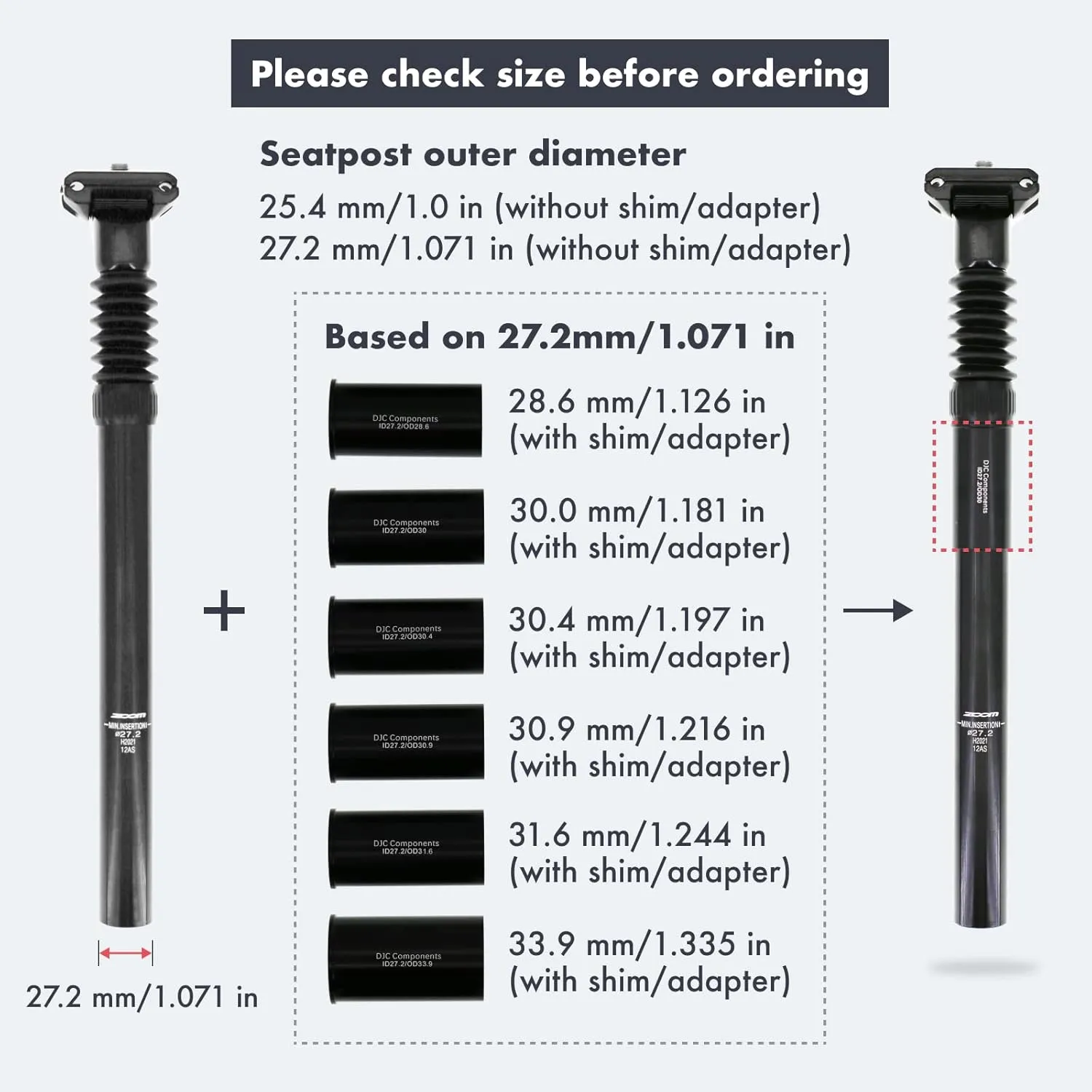 DJC Bike Suspension Seatpost Shock Absorber Damper Rubber Seat Post 25.4 27.2 28.6 30.4 30.9 31.6 mm Lightweight Aluminum